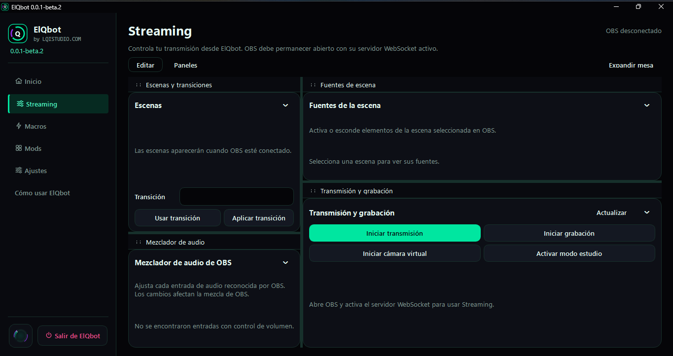 Panel de Streaming con escenas, fuentes, mezclador de audio y transmisión